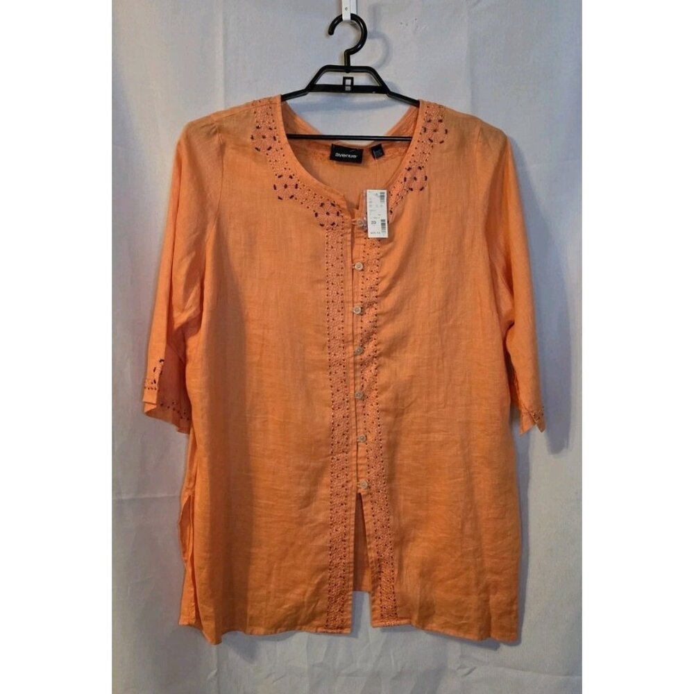 Avenue Orange Linen Blouse Shirt Embroidered Beads Half Sleeves Sz 22/24 $39.95
